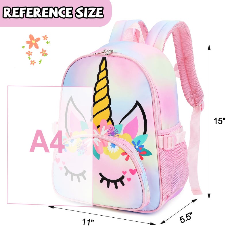 BTOOP Kids Backpack Girls School Backpack Preschool Kindergarten Unicorn Toddler BookBag with Chest Clip (Tie Dye headband) - Image 3